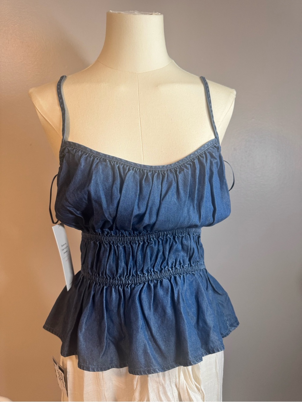 Double Zero Indigo Smocked Denim-Look Cami Top